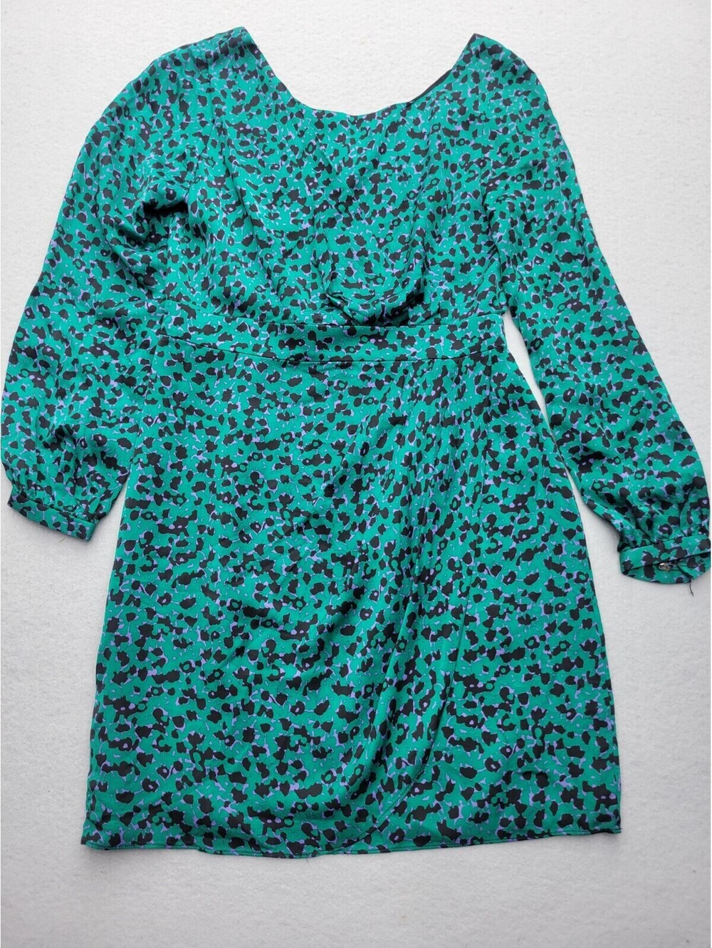 Shoshanna Women's Dress Size 6 Dres Green/Black Empire Mini Long Sleeve Animal
